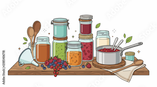 Fotografie Colorful jars of preserves and cooking utensils on wooden table.