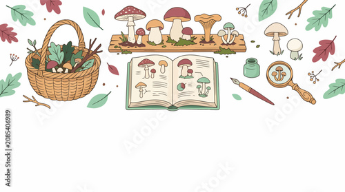 Fotografía Colorful illustration of mushrooms and foraging tools 1.