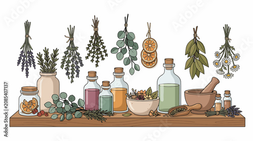 Bild auf Leinwand Assorted Herbs and Spices in Glass Jars on Shelf.