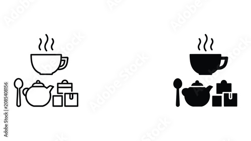 Tableau sur toile Premium Black and white tea time icons set with teapot and cup Vector Icon Isola