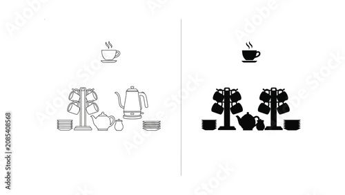 Fotografie Premium Mugs and teapots on a serving stand vector Vector Icon Isolated on White