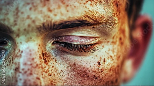 Extreme Macro Close Up Shot Of A Human Face Featuring Natural Freckles On The Skin Surface With A Focused View Of A Closed Eye And Eyelashes
