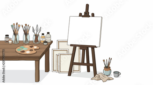 Art studio setup with easel and painting supplies.