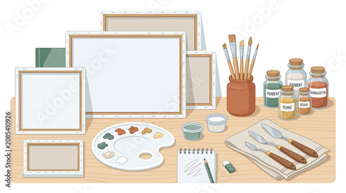 Art supplies and framed pictures on wooden table.