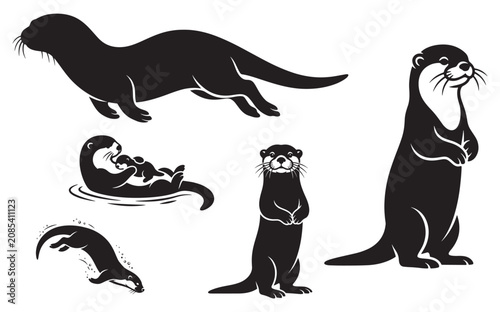Cute black and white illustration of a sea otter floating on its back playfully Silhouettes Elements Set