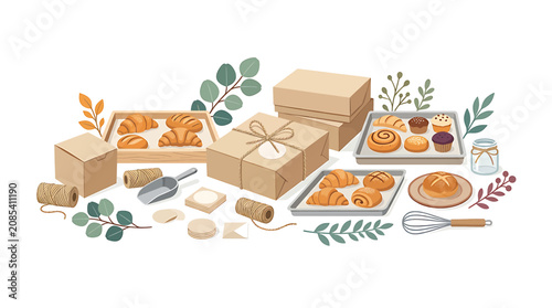 Fotografie Artisan bakery gift box with pastries and tools.