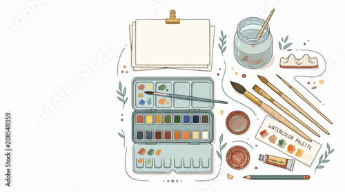 Flat lay of watercolor painting supplies and tools.