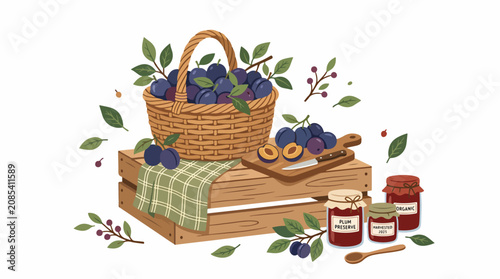 Fresh blueberries in a basket with jam jars and wooden crate.