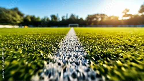 Close up view of white line markings on a green grass soccer field at sunset with stadium goal posts blurred in the distant background