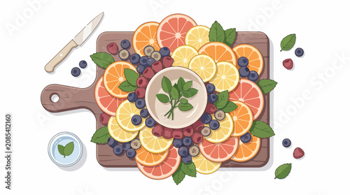 Принти на полотні Fresh fruit platter with citrus berries and herbs on wooden board
