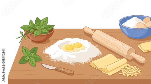 Foto Fresh pasta dough with egg and rolling pin on table.