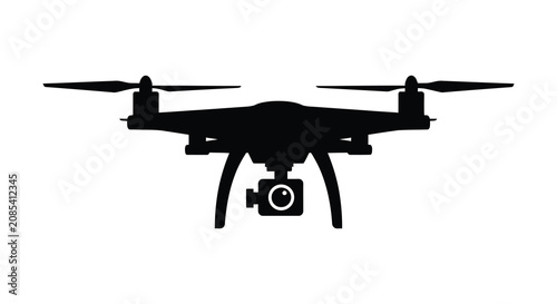 Tableau sur toile Drone With Camera And Landing Gear Black Silhouette quadcopter uav aerial
