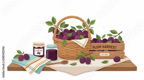Fresh Plum Harvest with Jar and Basket Display.