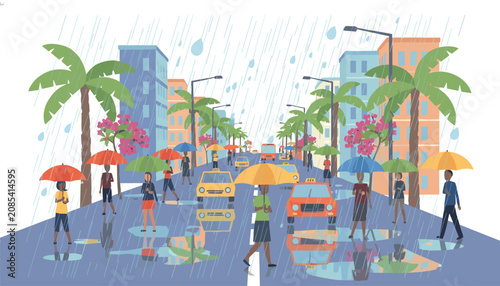 Rainy cityscape featuring pedestrians walking with colorful umbrellas on wet streets lined with palm trees and modern apartment buildings.