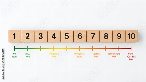 Pain Scale 1 to 10 Visual Rating Chart with Wooden Number Blocks on White Background for Healthcare and Medical Assessment. 