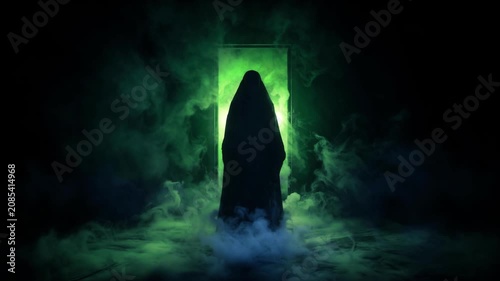Mysterious Cloaked Figure Emerging From Dark Green Fog in Cinematic Low Light