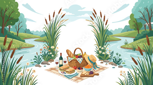 Obraz na plátně Scenic riverside picnic with basket and wine by water.