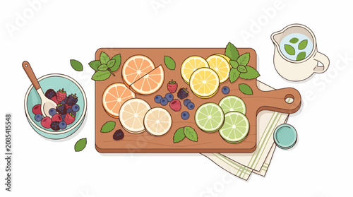Foto Fresh fruit and herbs on wooden cutting board.