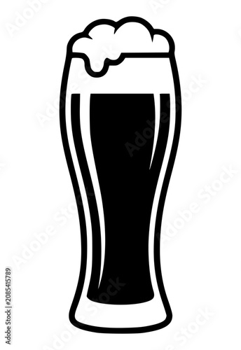 Minimal hand-drawn tall beer glass with frothy foam in black and white outline style isolated on gray background.