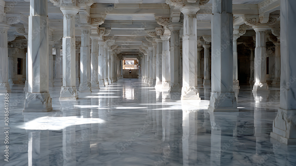Fototapeta premium majestic palace hallway with symmetrical marble columns and shiny floor for classical architecture concepts