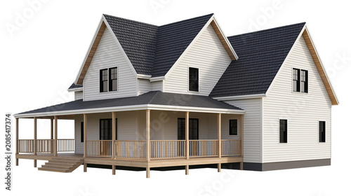 White modern farmhouse with dark roof and wrap-around porch