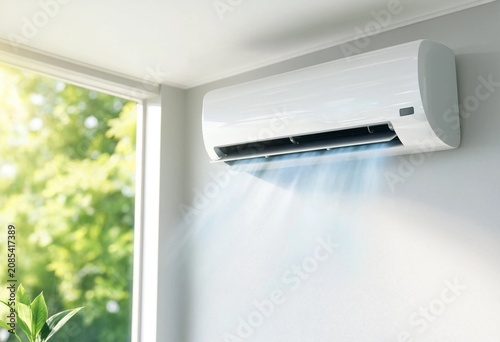 Modern split air conditioner delivering cool fresh airflow indoors, energy-efficient climate control solution for home, office, apartment comfort, minimalist interior, summer cooling technology.