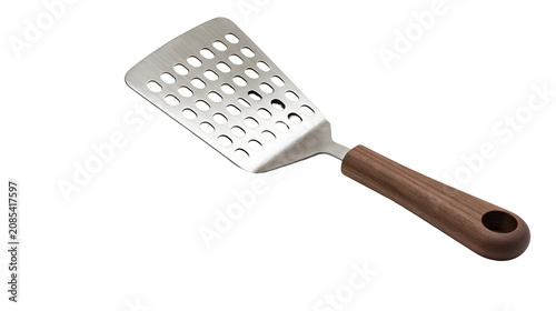 Fotografía Metal spatula with perforated head and wooden handle