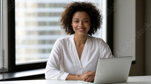Smiling woman using laptop indoors