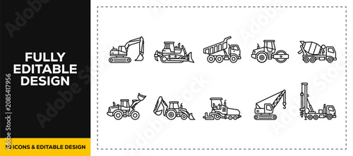 Bild auf Leinwand flat vector illustration line art icon bundle set design displaying heavy machin