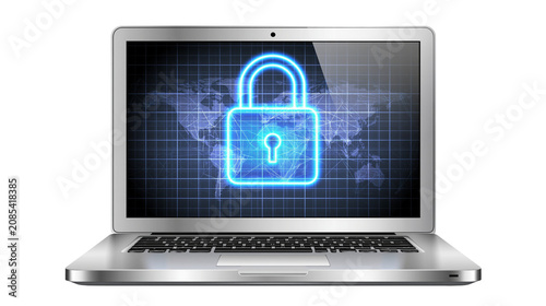 Laptop screen displays glowing blue padlock over world map grid