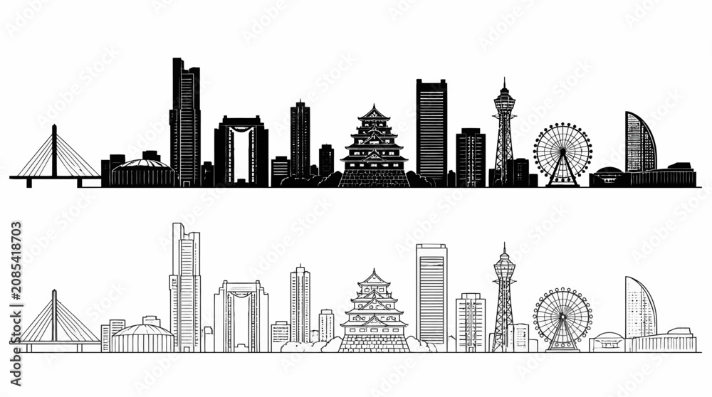 Obraz premium Osaka City Skyline Silhouette, Minimalist Vector Illustration