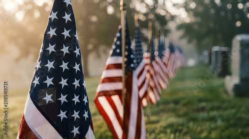Row of american flags placed in a cemetery at sunset with american, cemetery