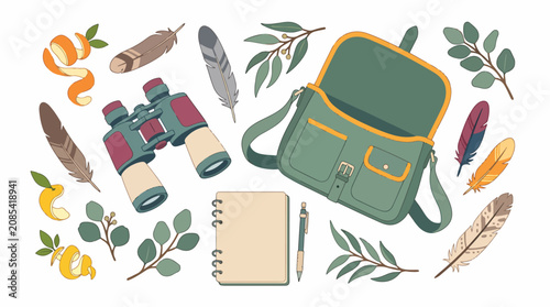 Schilderij op canvas Outdoor adventure gear and nature elements illustration.