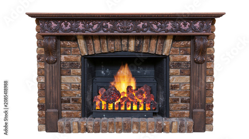 Photography Ornate wooden mantelpiece fireplace with brick surround and glowing embers