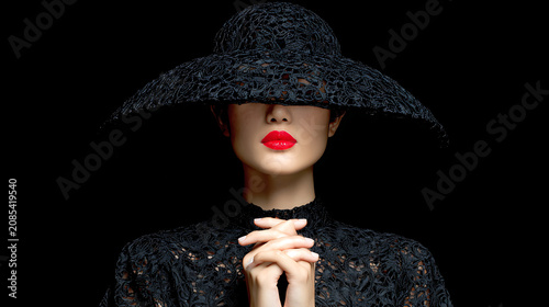 mysterious woman wearing elegant black lace hat with red lipstick posing for fashion and beauty photography