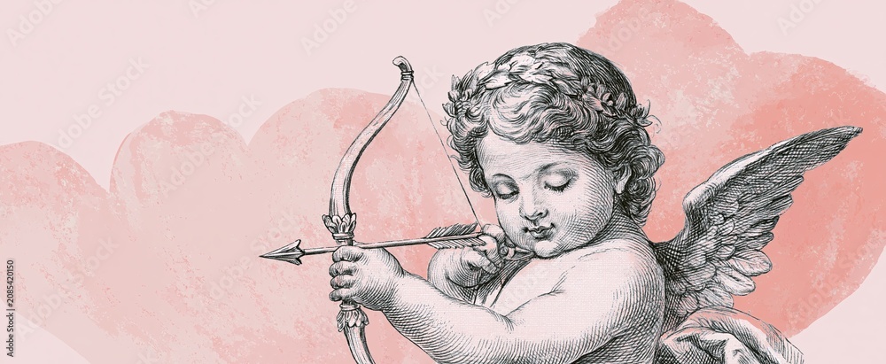 Obraz premium Romantic Valentine’s Day scene featuring a delicate cherub with bow and arrow on a pastel backdrop.