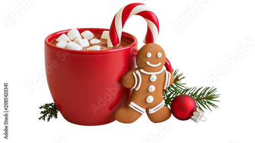 Obraz na plátně Red mug of hot chocolate with marshmallows candy cane gingerbread man, pine bran