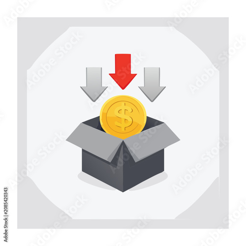 Money box with falling coins and arrows