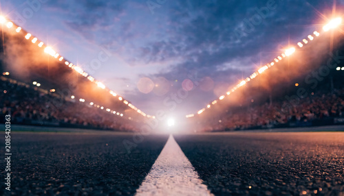 Empty asphalt race track at twilight backdrop and cinematic speedway, grandstands crowd, glowing floodlights.