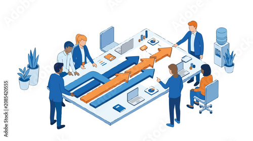 Business Team Collaboration on a Strategic Growth Roadmap Displayed on an Interactive Table in an Office Setting