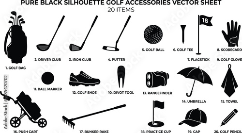 Bild auf Leinwand Essential Golf Accessories and Player Equipment Black Silhouette Vector Icons Sh