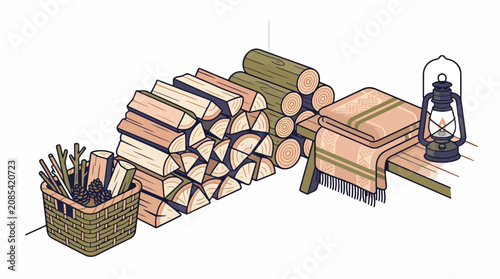 Stacked firewood and lantern with basket illustration.