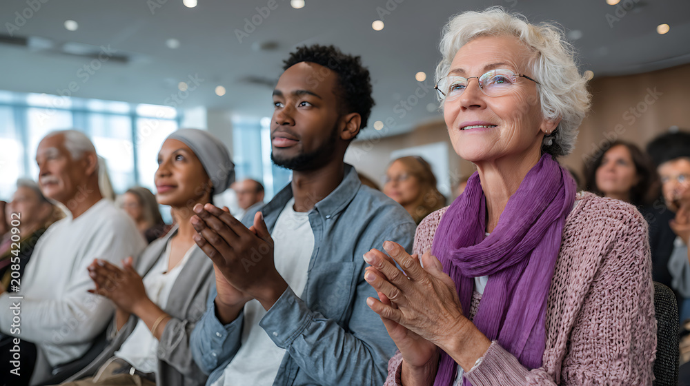 Fototapeta premium smiling audience members applauding during a corporate conference for business meeting and event marketing concepts