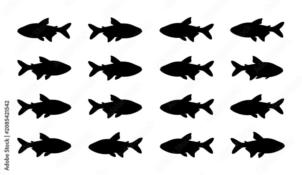 Fototapeta premium Shark Silhouettes Vector Pack, Marine Life Icons, Ocean Predator Graphics, Underwater Animal Illustrations, Black and White Aquatic Shapes
