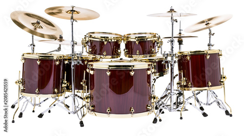 Fotografia Red drum kit with gold hardware and cymbals