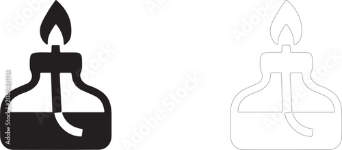 Tableau sur toile Laboratory spirit lamp with flame, Bunsen burner and reagent heating symbol, vector icon filled and outline