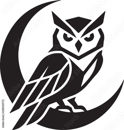 Black and white owl silhouette vector icon with crescent moon