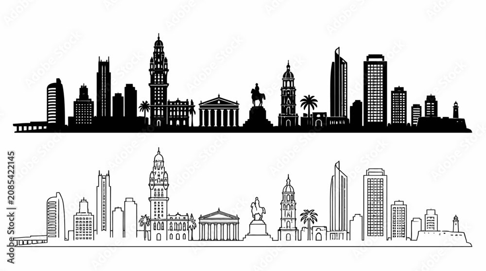 Fototapeta premium Montevideo Uruguay City Skyline Silhouette in Black and White