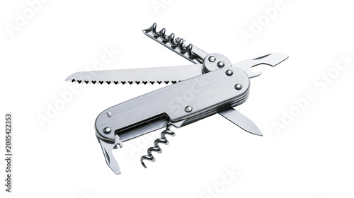 Foto Multitool pocket knife with opened blade corkscrew bottle opener, and saw
