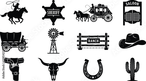 Fotografie Wild West Western Cowboy and Ranch Black Silhouette Vector Icons Set